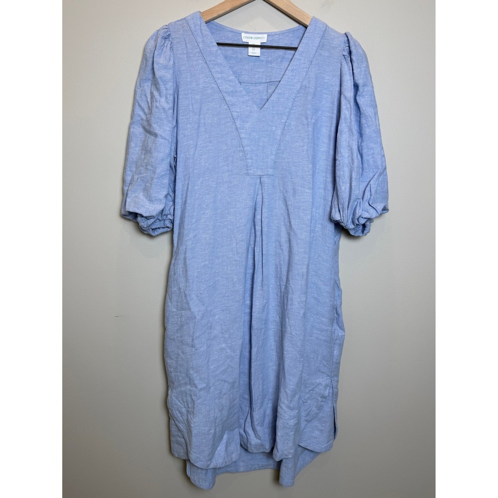 Cynthia Rowley S Blue Linen Blend Chambray Puff Sleeve V-Neck Midi Dress Pockets